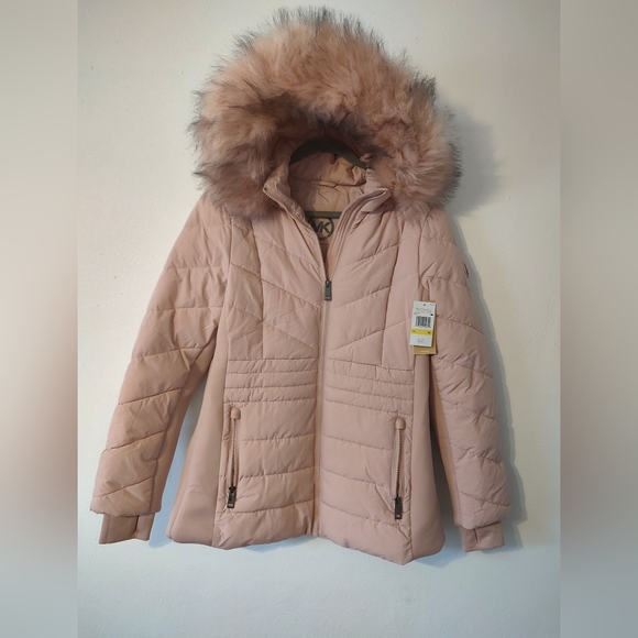 Michael Kors Faux Fur Trim Hooded Puffer Coat Blush Pink NWT Size Medium - Picture 1 of 10
